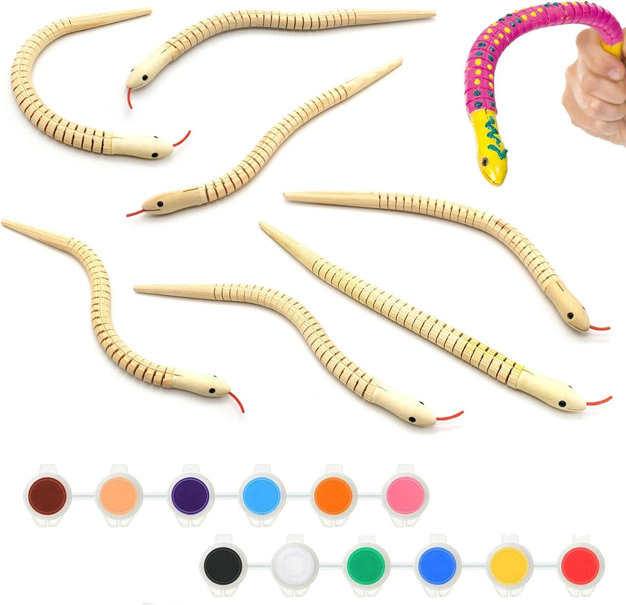 12 Colors Acrylic Craft Paint - Unfinished Wooden Wiggly Snakes